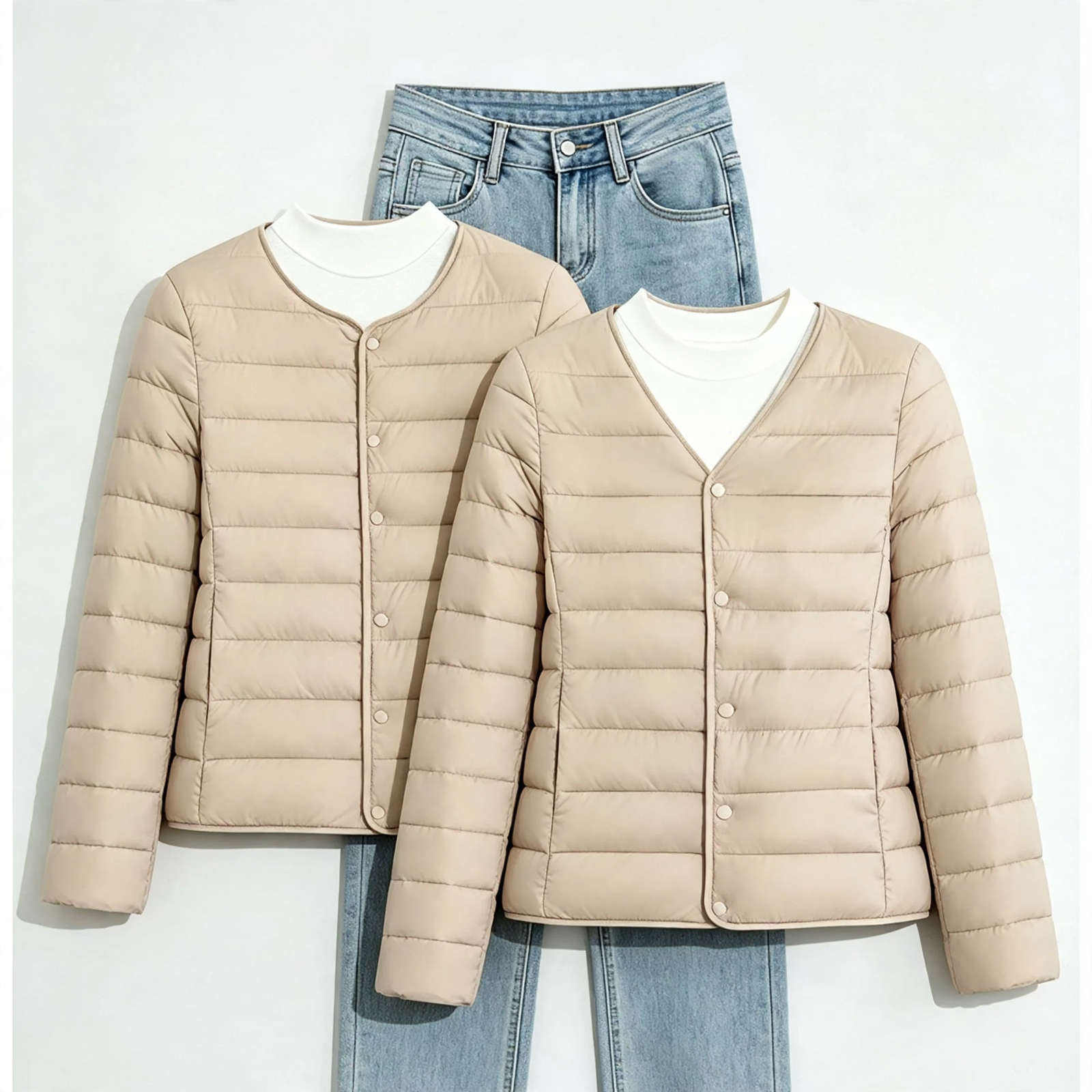 Lightweight, short women's padded jacket without a collar