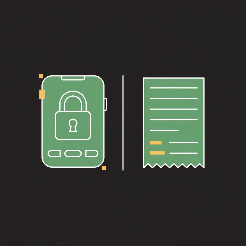 Minimal 2D vector split illustration showing a cold storage hardware device and padlock on the left and a simplified trade receipt with fee breakdown on the right in Finance Police colors best app for trading crypto
