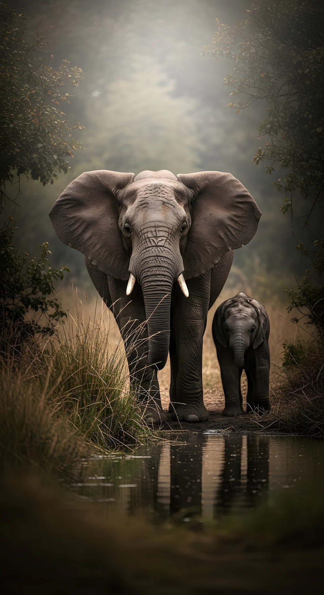 Emotional Portrait of Two African Elephants at a Watering Hole in Dramatic Light - Free 4K mobile Wallpaper