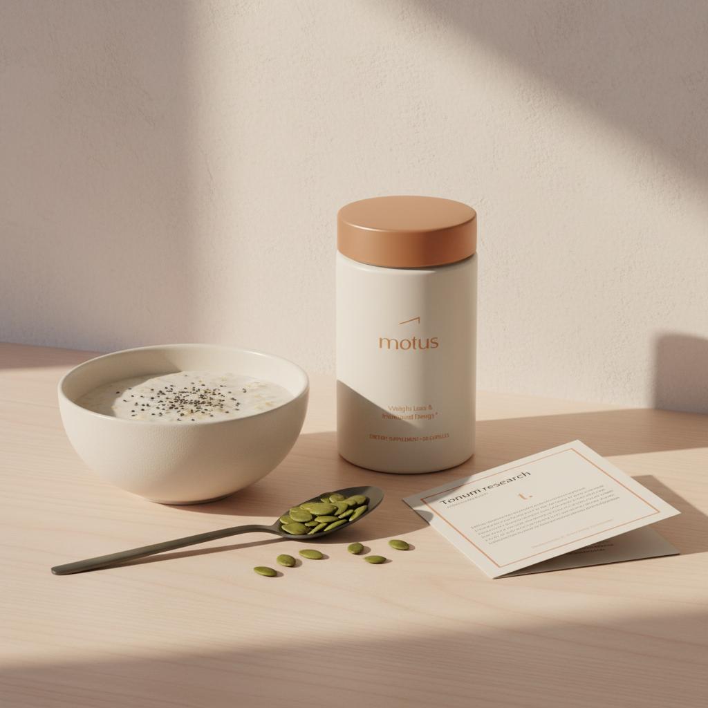 Minimalist kitchen scene with bowl of oats and chia, spoon of pumpkin seeds, Tonum supplement container and research brochure on wooden countertop — magnesium for insulin sensitivity