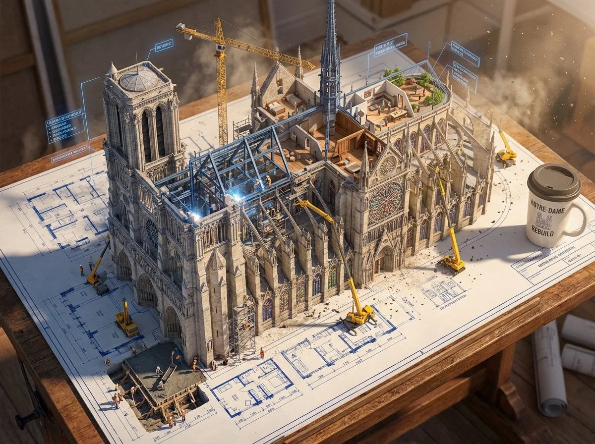Escena épica en 3D: un enorme plano arquitectónico de [EDIFICIO/ESTRUCTURA] fijado a una mesa de dibujo, su tinta...