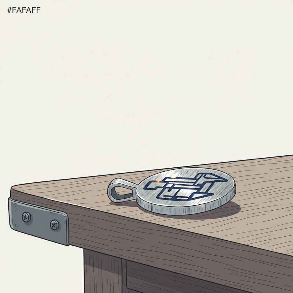 Minimalistische 2D-Vektor-Nahaufnahme eines gravierten Metallanhängers auf Holztisch als liebesbeweis für eine frau, Steelmonks-Farben #FAFAFF/#0044CC/#ff9800