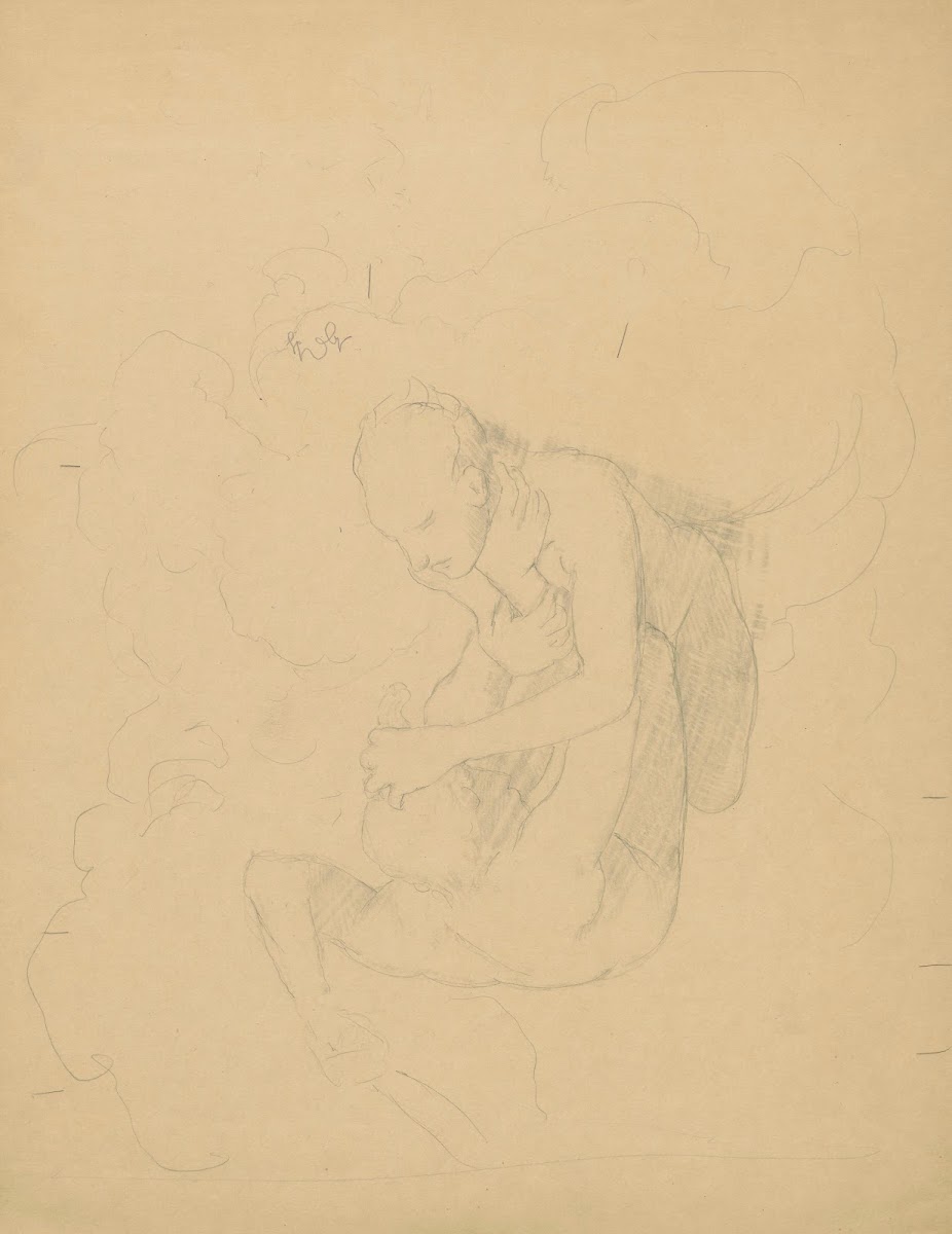 Two naked men fighting in the clouds 1880   1920