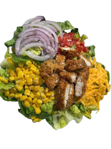 Chicken Salad (Chicken strips, onions, fresh tomatoes, lettuce, sweetcorn & black olives )
