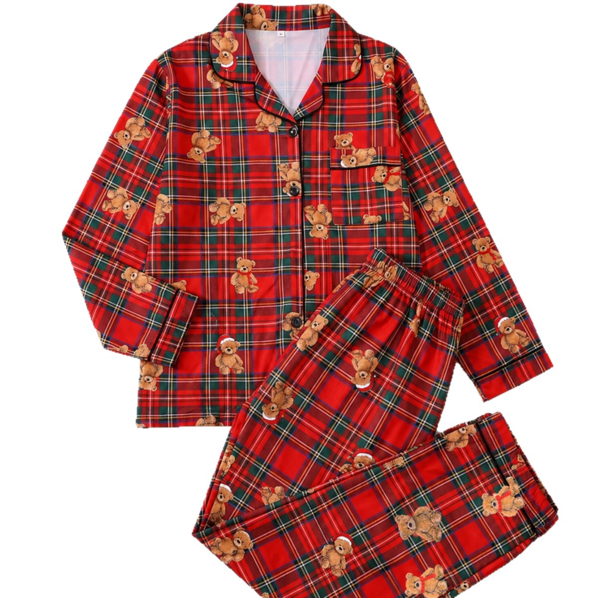 Women's Pajama Set, Long Sleeve, Checked with Cartoon Motif