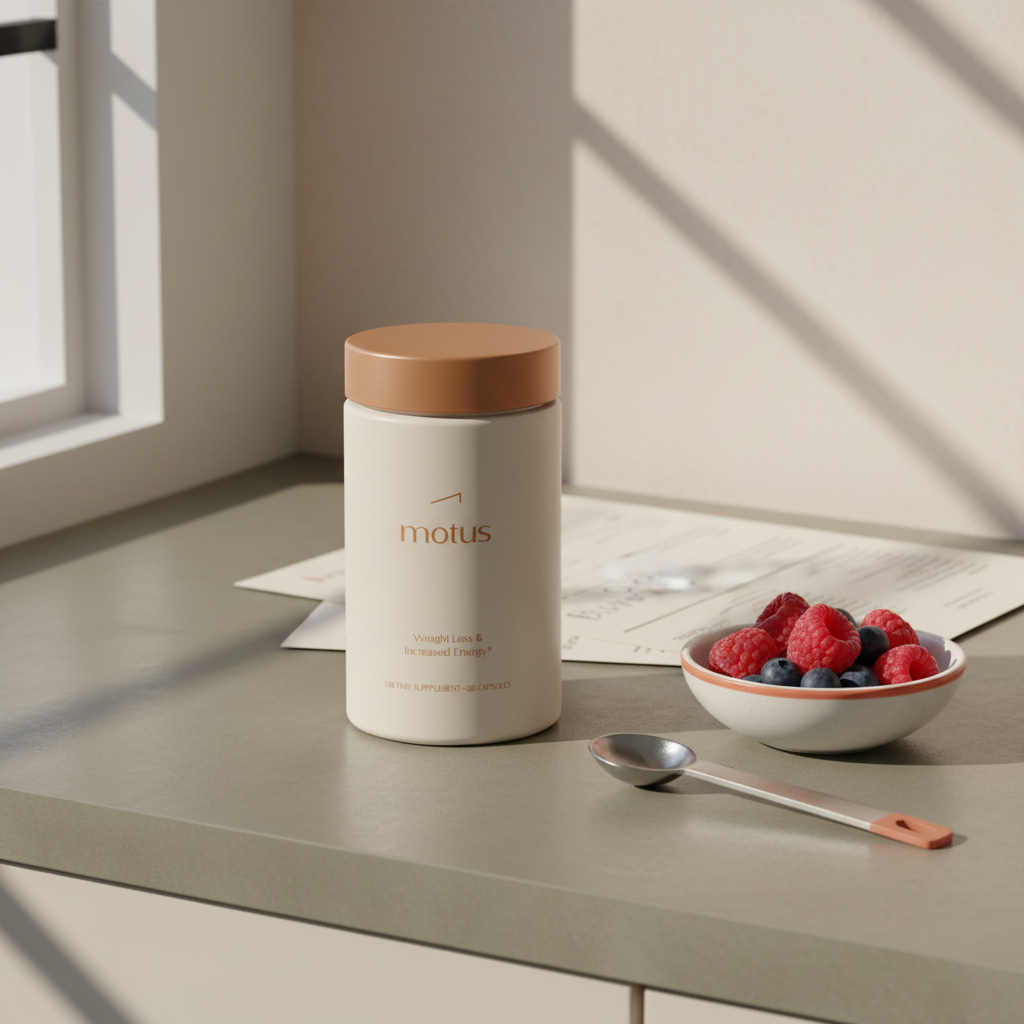 Motus jar on neutral countertop with spoon, berries and nutrition plan in window light — Tonum minimalist image for functional nutritionist vs nutritionist