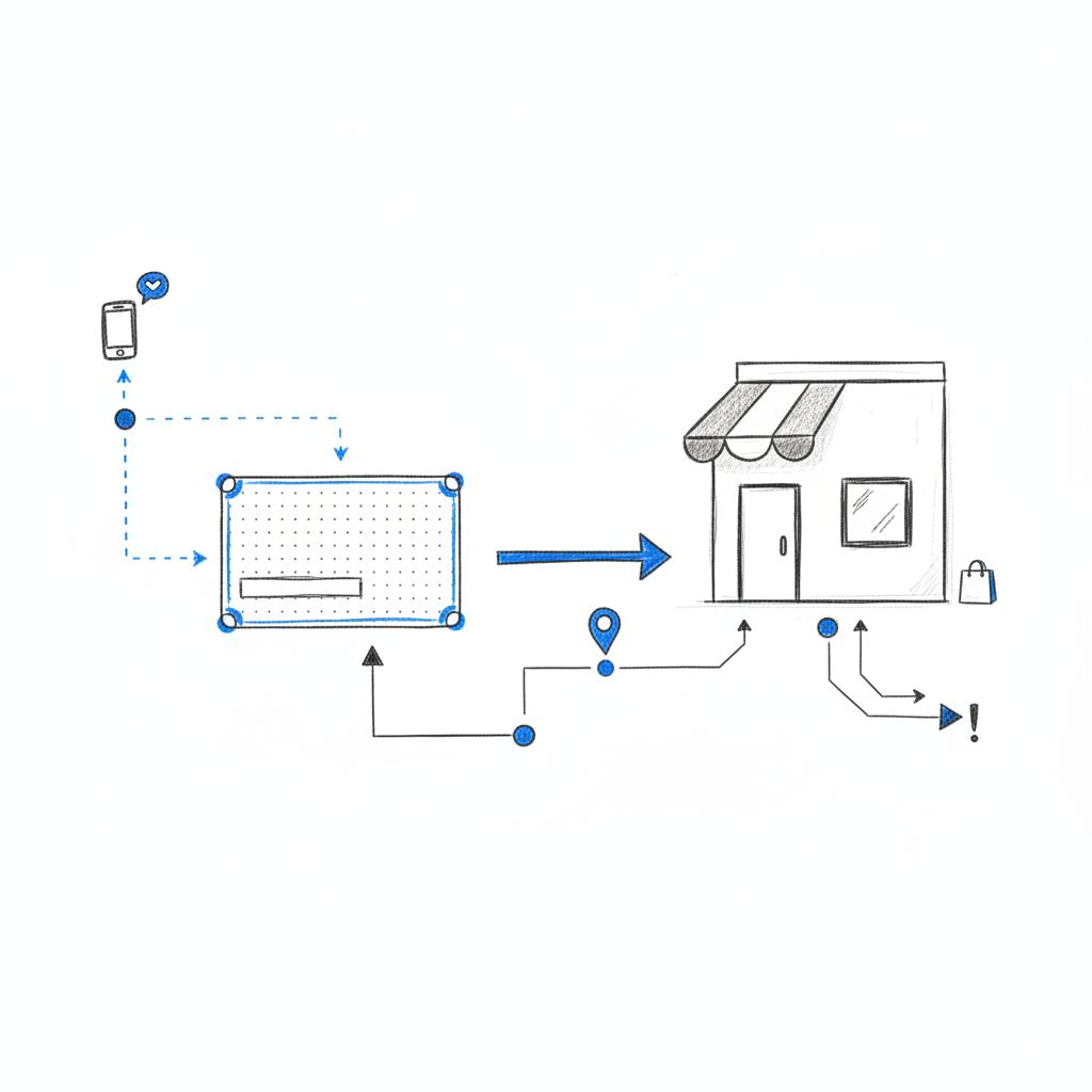 Hand-drawn notebook sketch of a storefront and redemption card connected by arrows mapping a local customer journey - how to use Nextdoor for small business