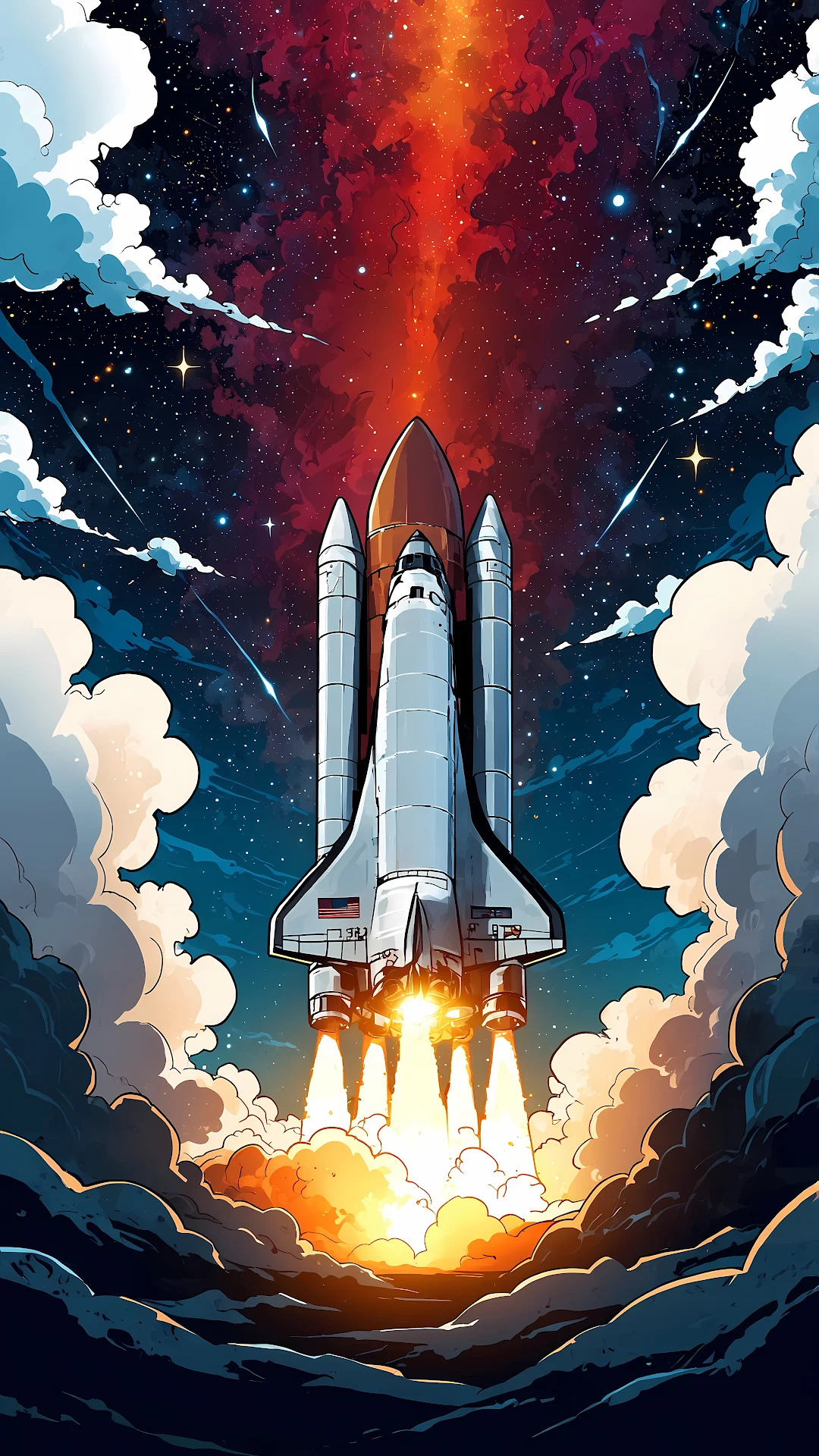 Space Shuttle Launch into Cosmic Sky with Red Nebula - Free 4K mobile Wallpaper