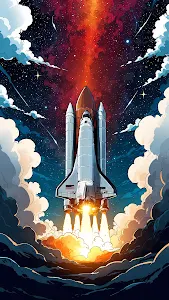 Space Shuttle Launch into Cosmic Sky with Red Nebula