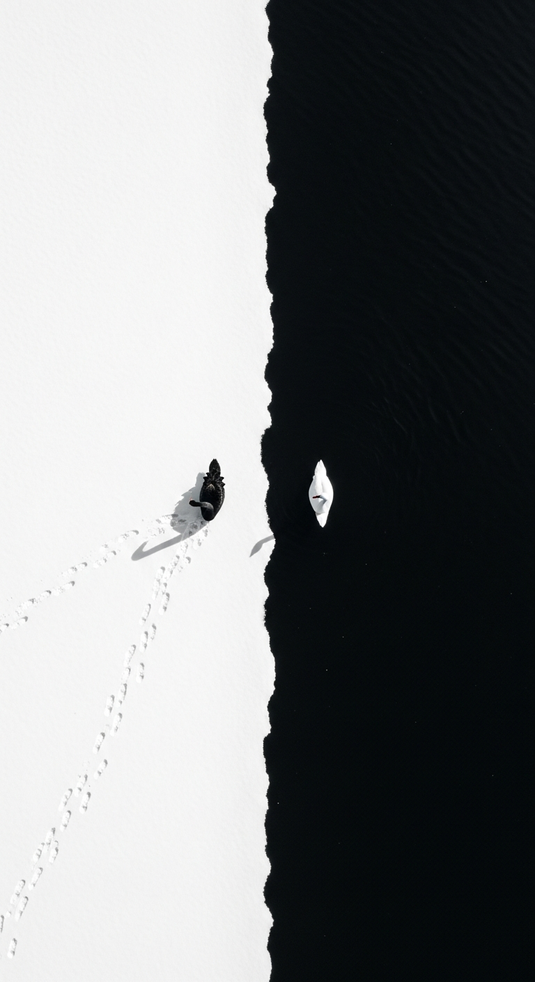 Conceptual Top-Down Photo of Black and White Swans on Divided Snow and Water - Free 4K mobile Wallpaper