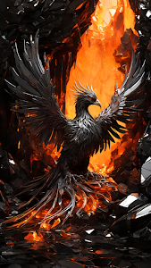 Dark Metal Phoenix Rising from Fiery Chasm