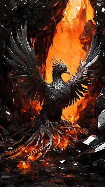 Dark Metal Phoenix Rising from Fiery Chasm - Free mobile Wallpaper