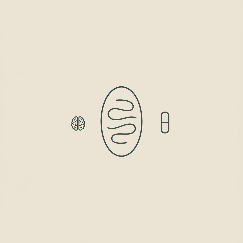 Minimal line illustration of a mitochondrion, capsule and small brain on beige background representing CoQ10 neuroprotection in Tonum vector icon style