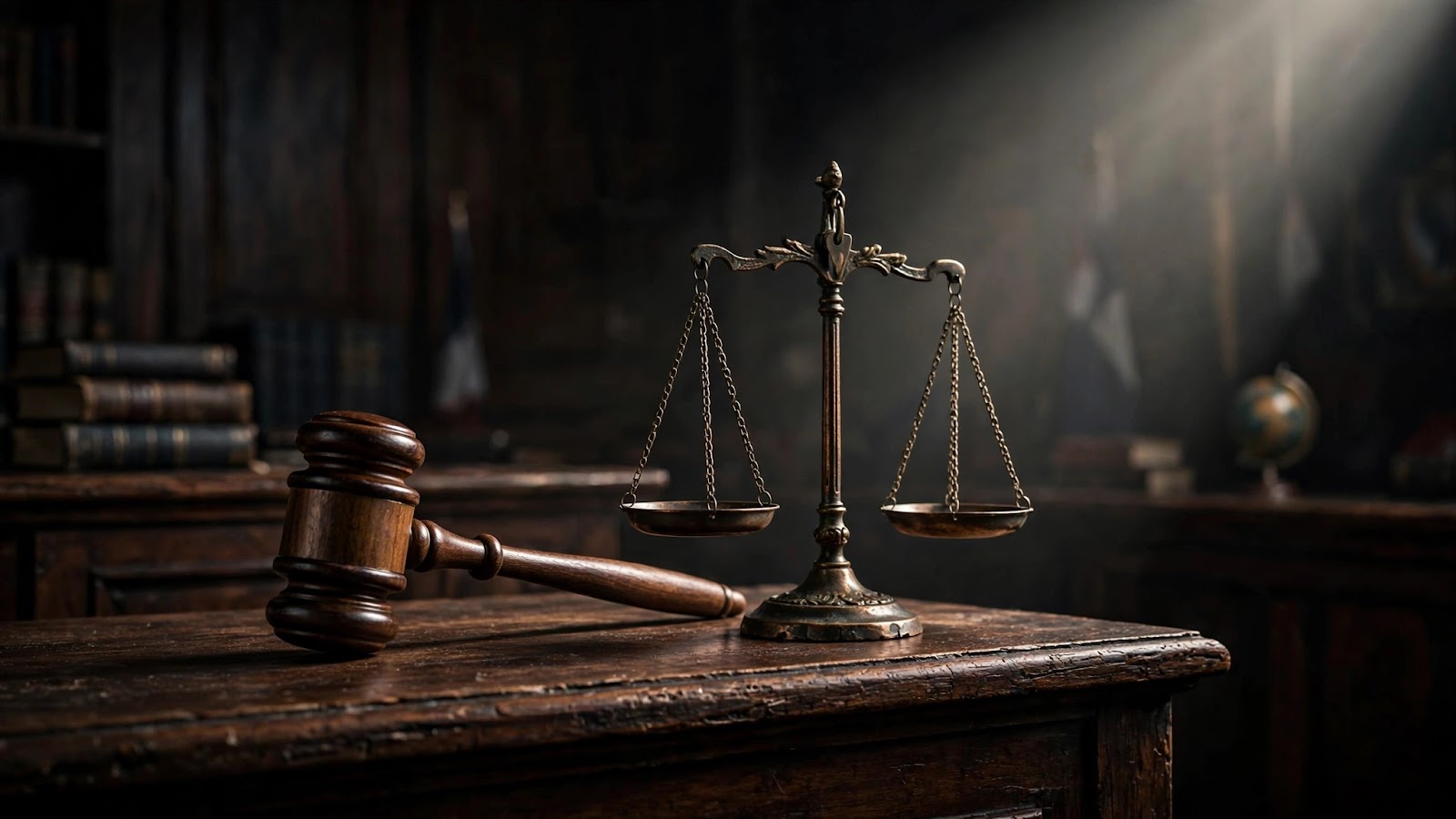 A judge's gavel beside bronze scales of justice on a courtroom bench, symbolizing an international criminal trial