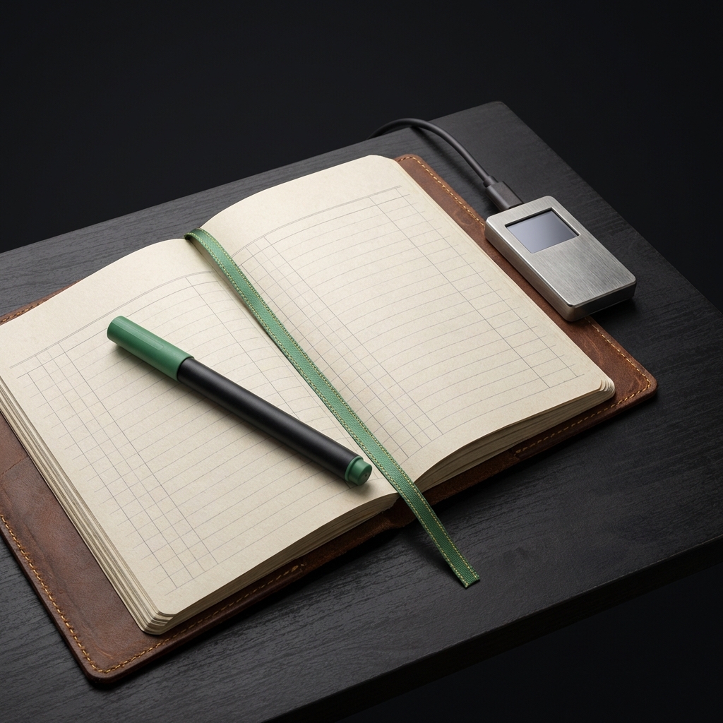 Minimal still life of an open ledger notebook and hardware wallet on dark background with green Finance Police accents representing crypto ira storage