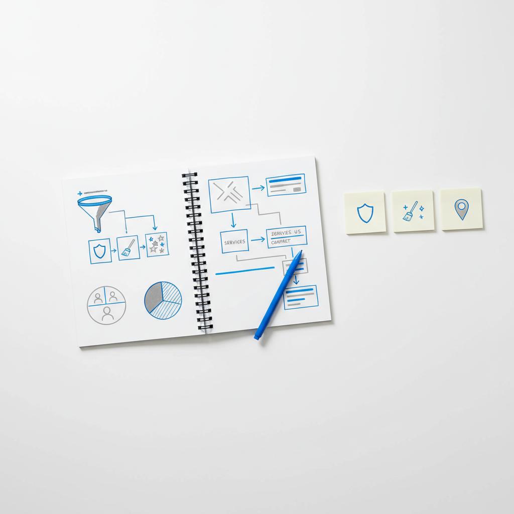 Overhead close-up of a tidy desk with an open notebook of hand-drawn diagrams and blue-accented sticky icons for trust, services, and local&mdash;visual planning for a cleaning company bio.