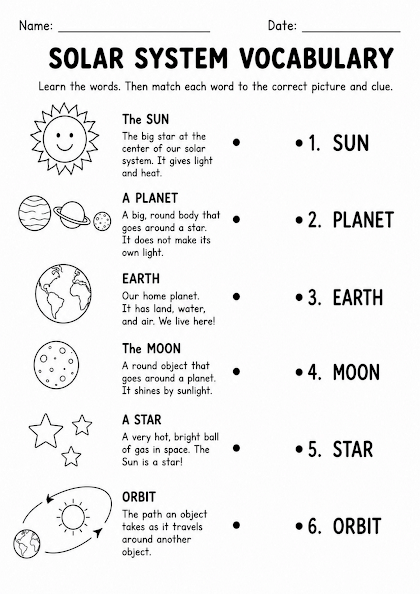Solar System Vocabulary Worksheet
