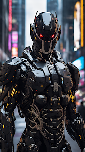 Futuristic Robot with Glowing Red Eyes in City Street