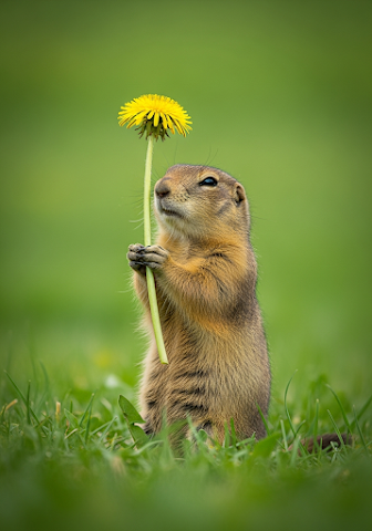 Gopher Holding Dandelion in Grass