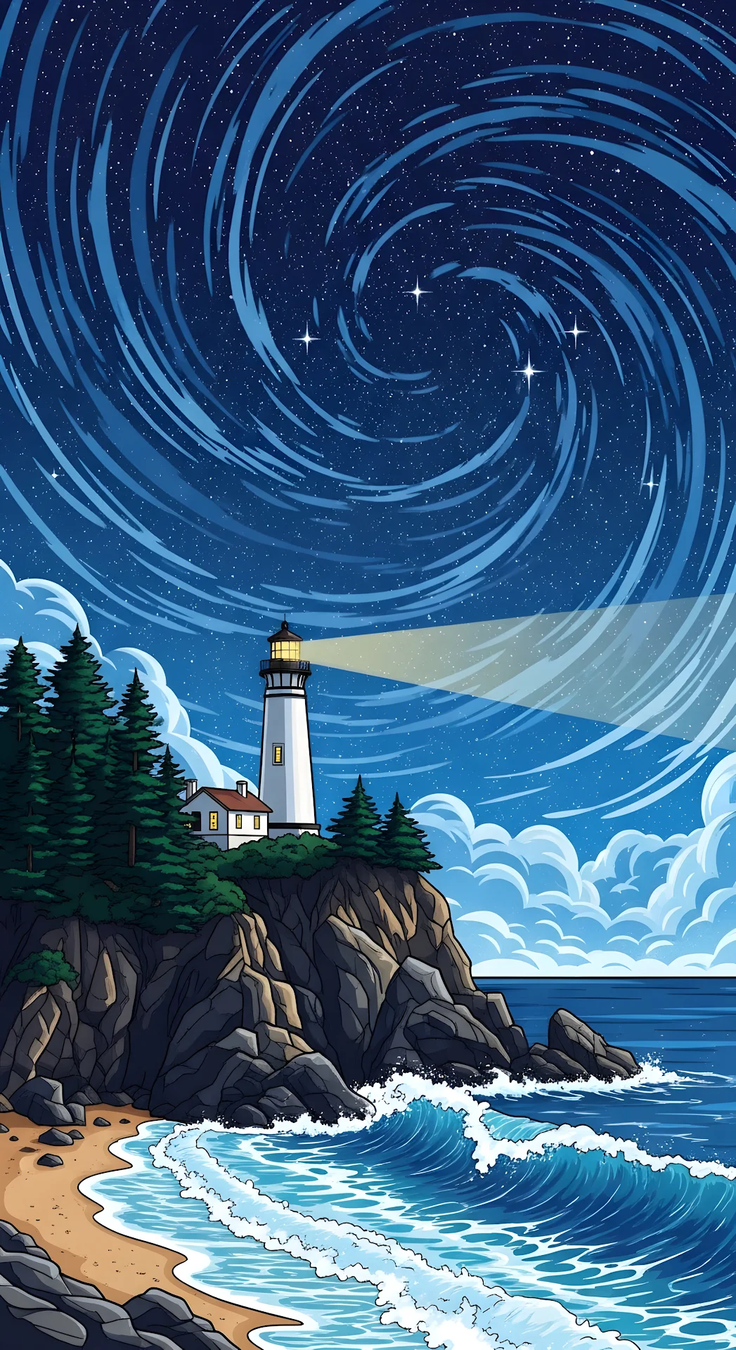 Coastal Lighthouse Illustration Under Swirling Starry Night Sky - Free 4K mobile Wallpaper