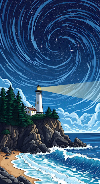 Coastal Lighthouse Illustration Under Swirling Starry Night Sky - Free mobile Wallpaper