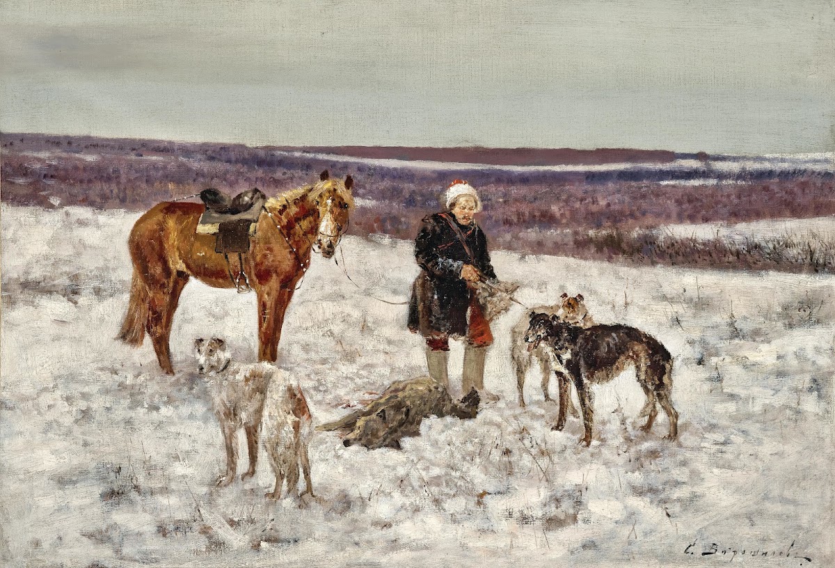 Hunter with a Slain Wolf in a Vast Winter Landscape