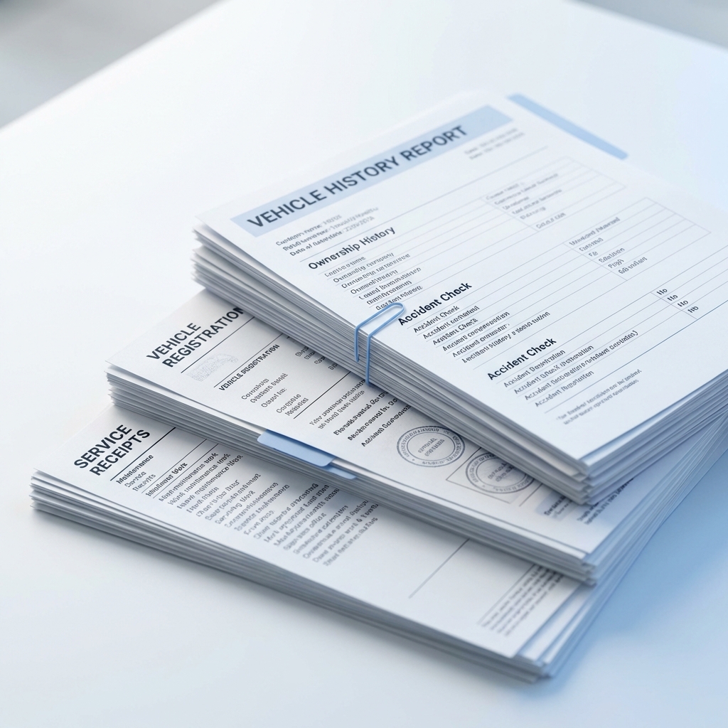 Neat stack of vehicle documents on white table showing service receipts registration and a printed vehicle history report for how much my car is worth for a trade-in with faint blue brand accent