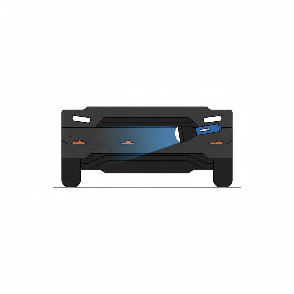 Minimalist 2D vector underbody close up showing rocker panel and subframe with flashlight highlighting potential rust spots mazda mx5 for sale