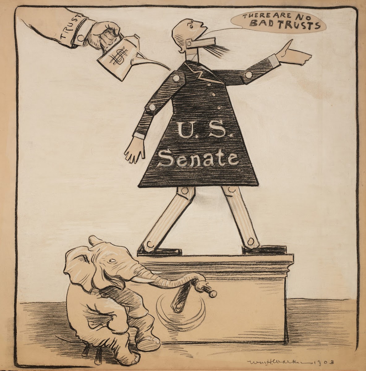 The US Senate is represented as a mechanical toy which says There are no bad Tru