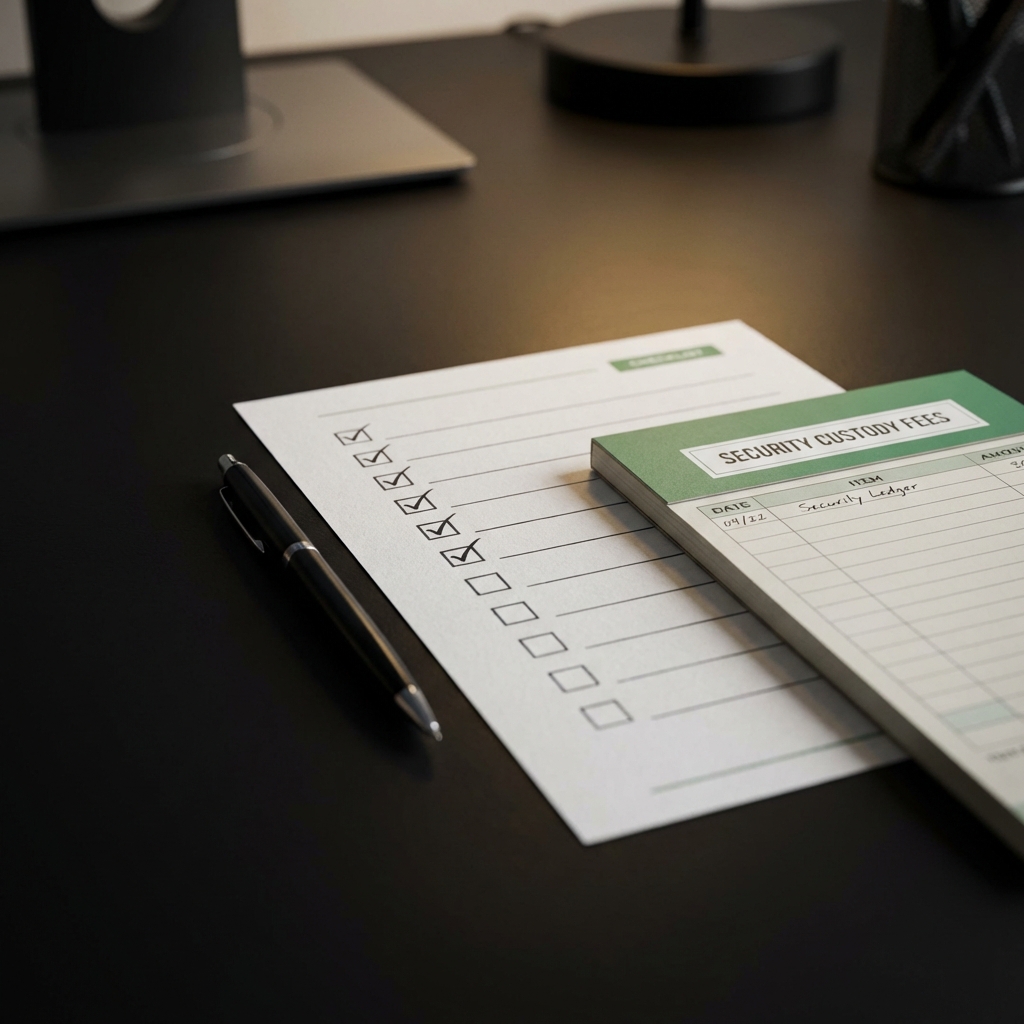 Close up printed checklist with checked boxes pen and small ledger about security custody fees on a dark minimalist desk showcasing best trading platform crypto