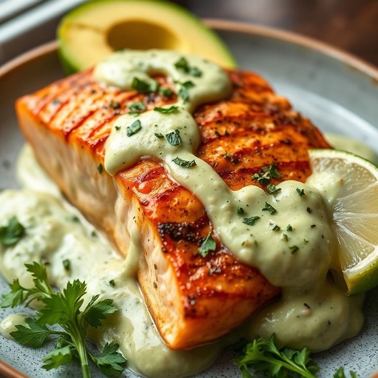Cajun Salmon with Creamy Avocado Lime Sauce Dinner Recipe – Quick & Easy finished