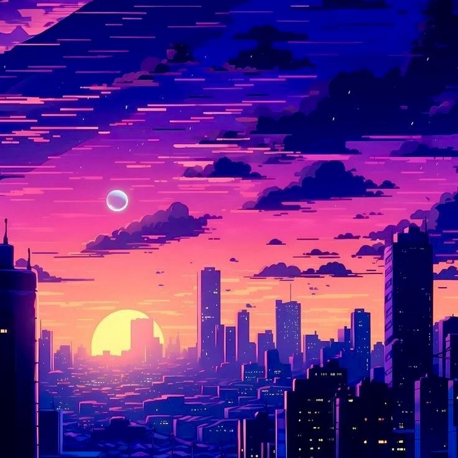 Download Cityscape, Pixel Art, Sunset, Retro Futurism iPhone