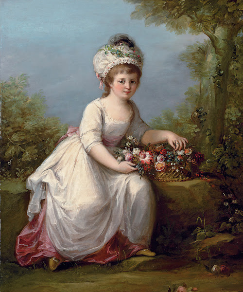 Portrait of a young girl full length seated in a white dress with a basket of fl