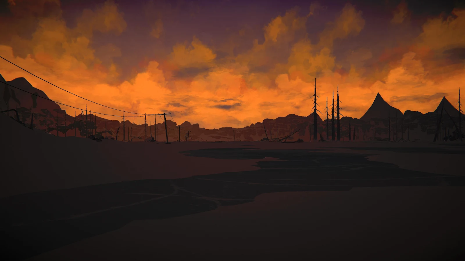 Fiery Post-Apocalyptic Sunset Landscape - Stylized Digital Art 4K Wallpaper (3840x2160)