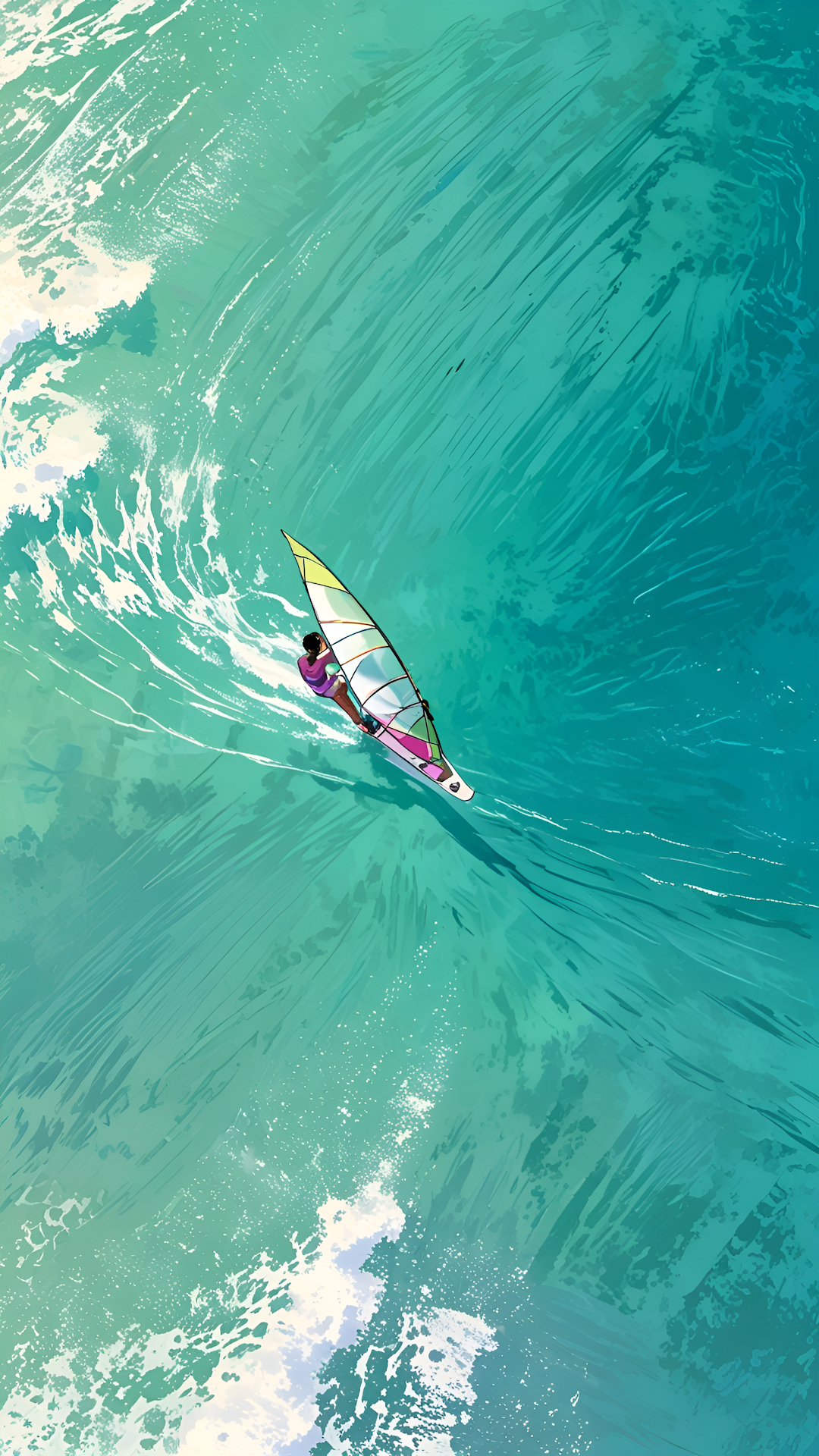 Dynamic Windsurfing Illustration on Teal Ocean Waves - Free 4K mobile Wallpaper