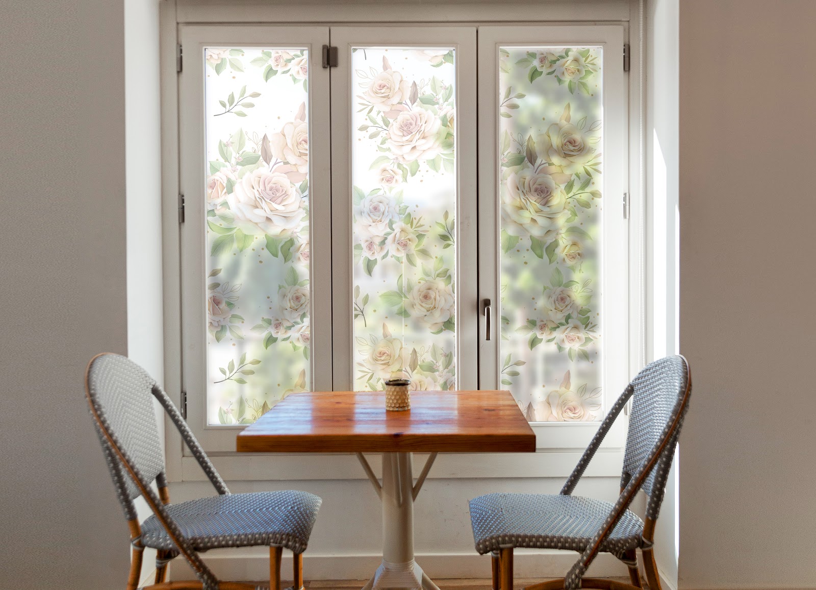 Privacy window film frosted ivory rose floral