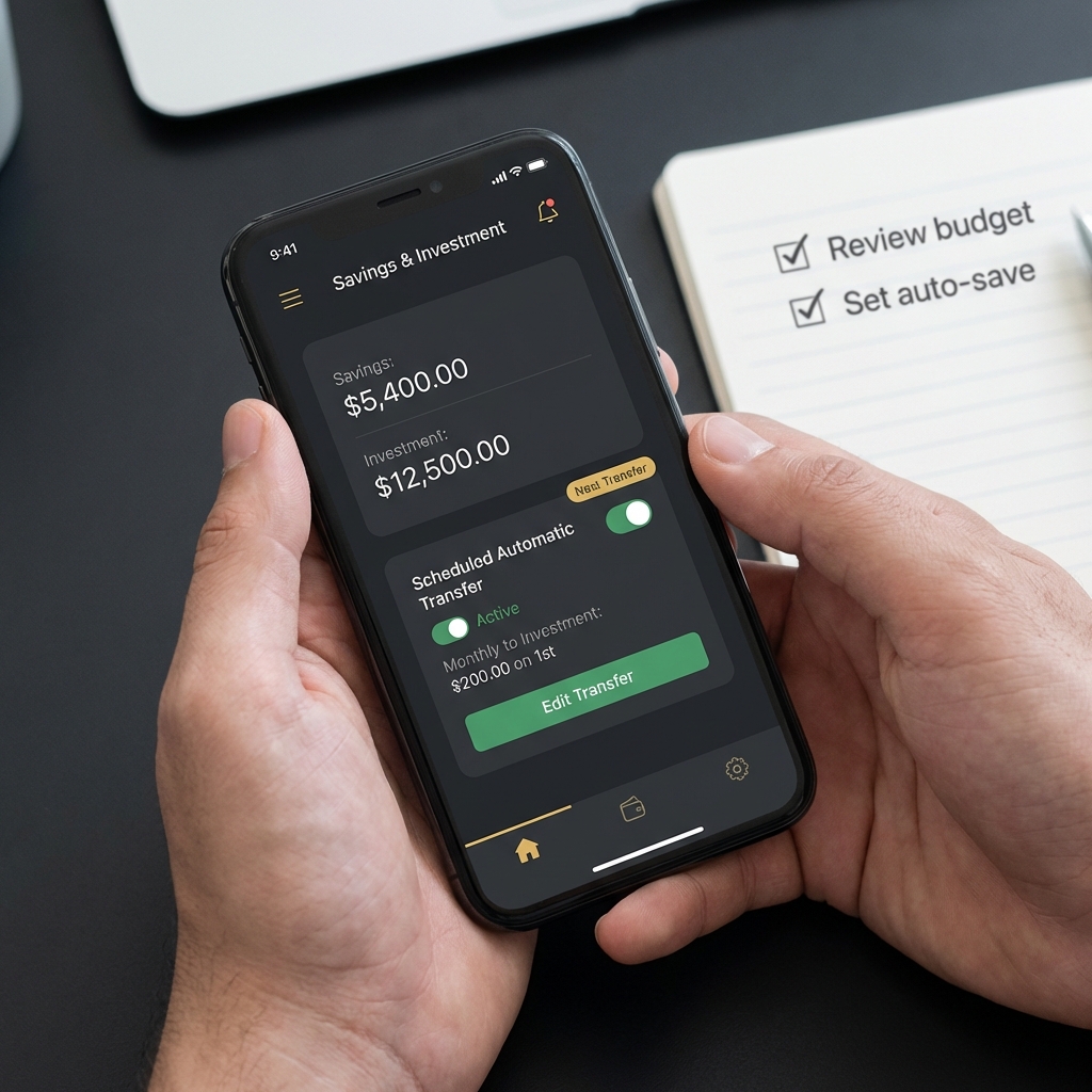 Close up of person setting up automatic transfers on phone displaying savings and investment app and a simple checklist nearby illustrating wealth building strategies