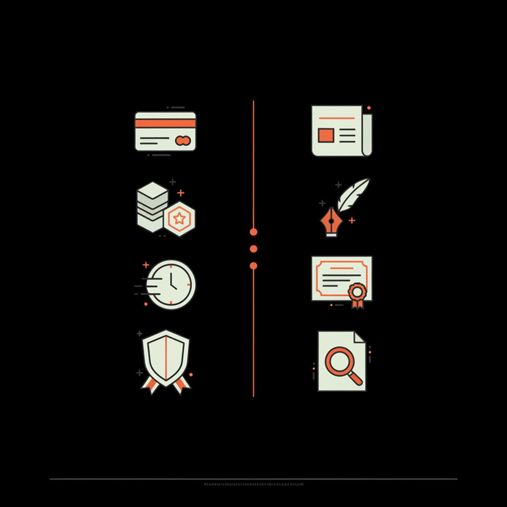 Minimal 2D vector infographic comparing paid vs editorial verification with two icon columns on black background — how to qualify for a blue check
