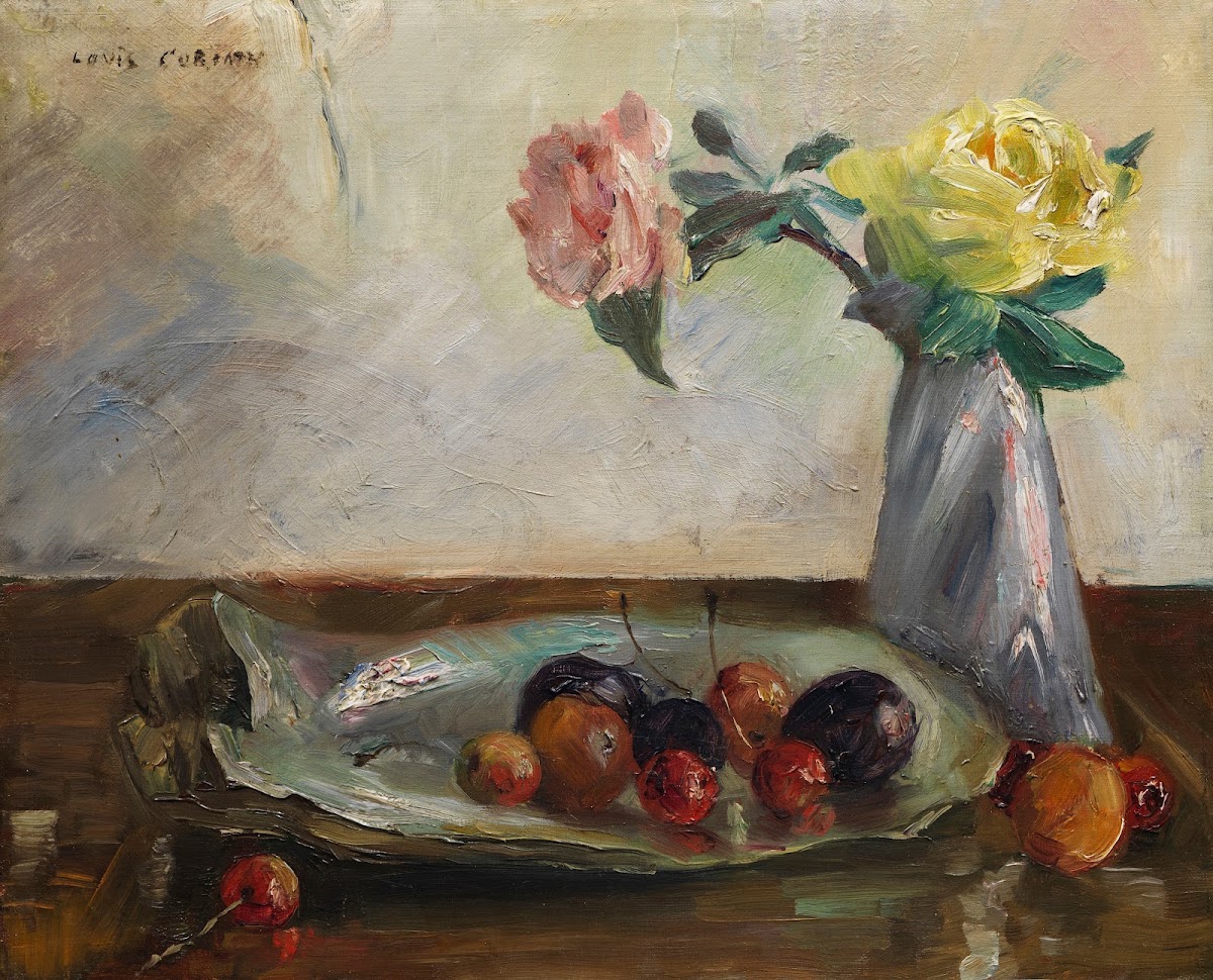 Stillleben mit Blumen in Vase Muschel und Obst 1902