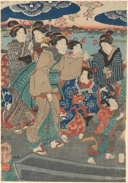 Seven Female Figures Two Umbrellas river in background 19th century