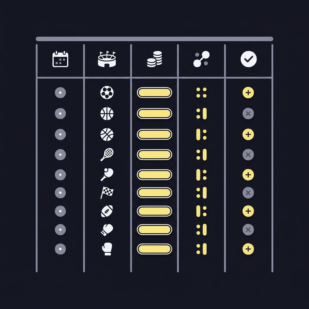 Minimal 2D vector close up of a betting tracker table in Funded Plays colors showing abstract columns for date event stake odds and result using chips and badges no readable text straight bets