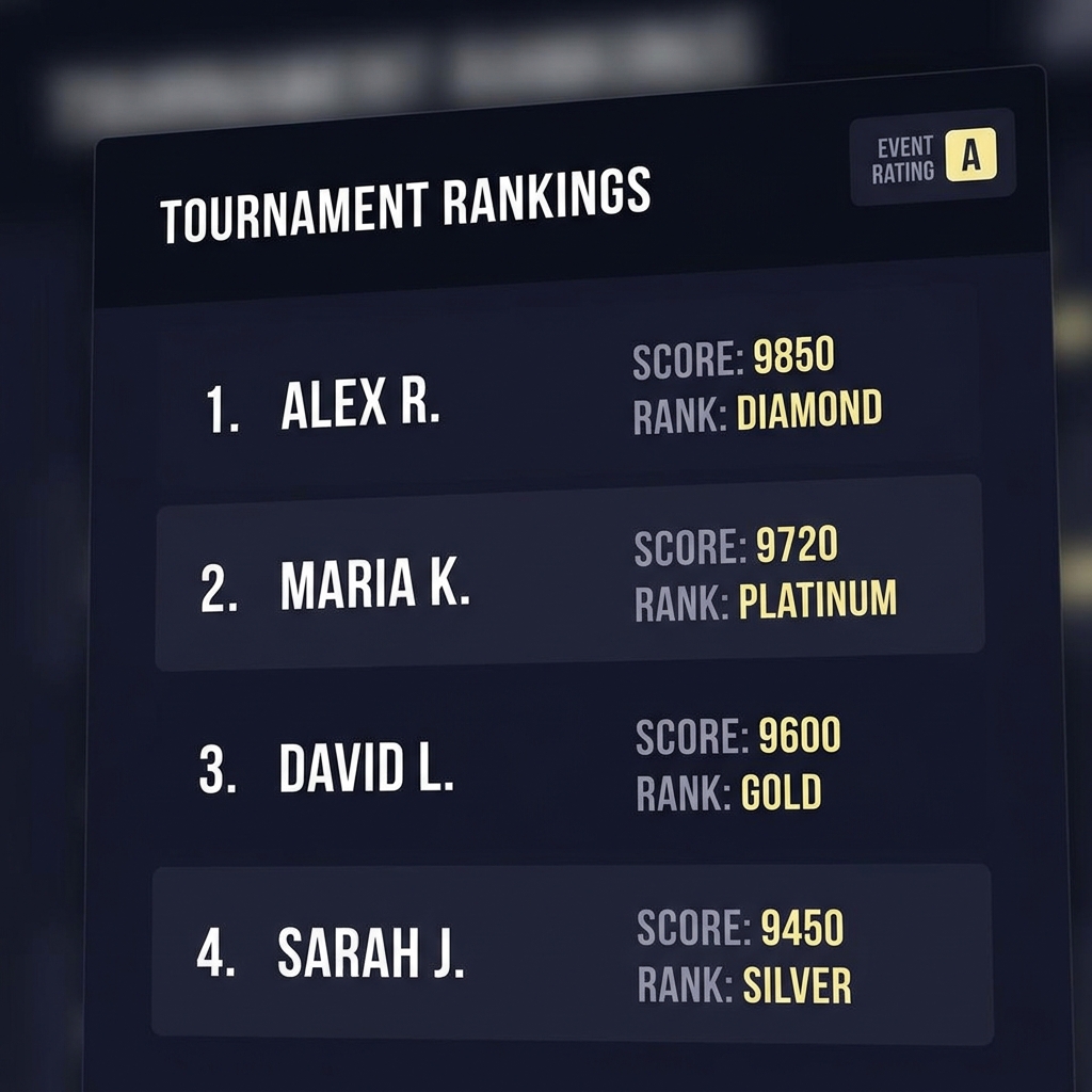 Close up tournament scoreboard UI showing top ranked players ranks and scores with a small event rating badge illustrating How Field Strength Affects Golf Prices in a minimalist Funded Plays color scheme