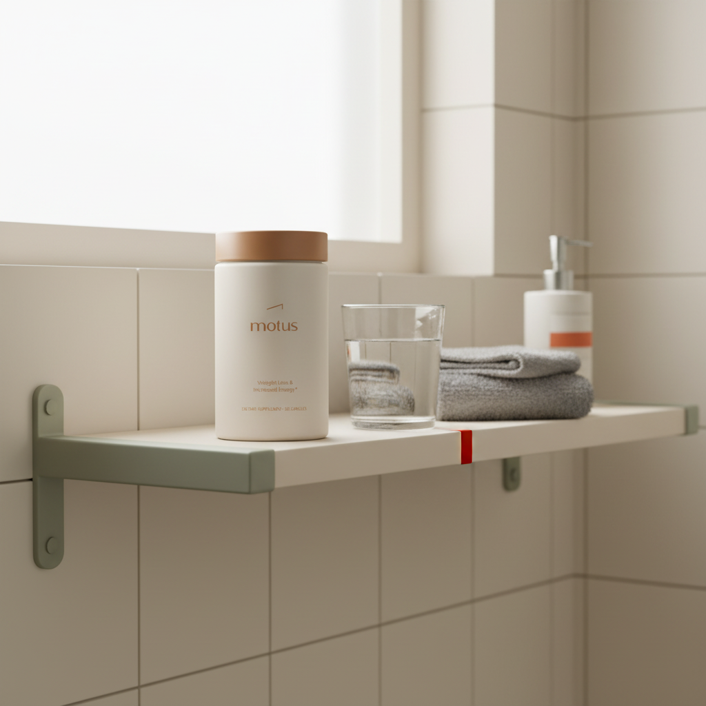 Minimalist bathroom shelf with Tonum Motus jar beside a glass of water and folded towel in daylight, labeled clearly — best weight loss drug for women
