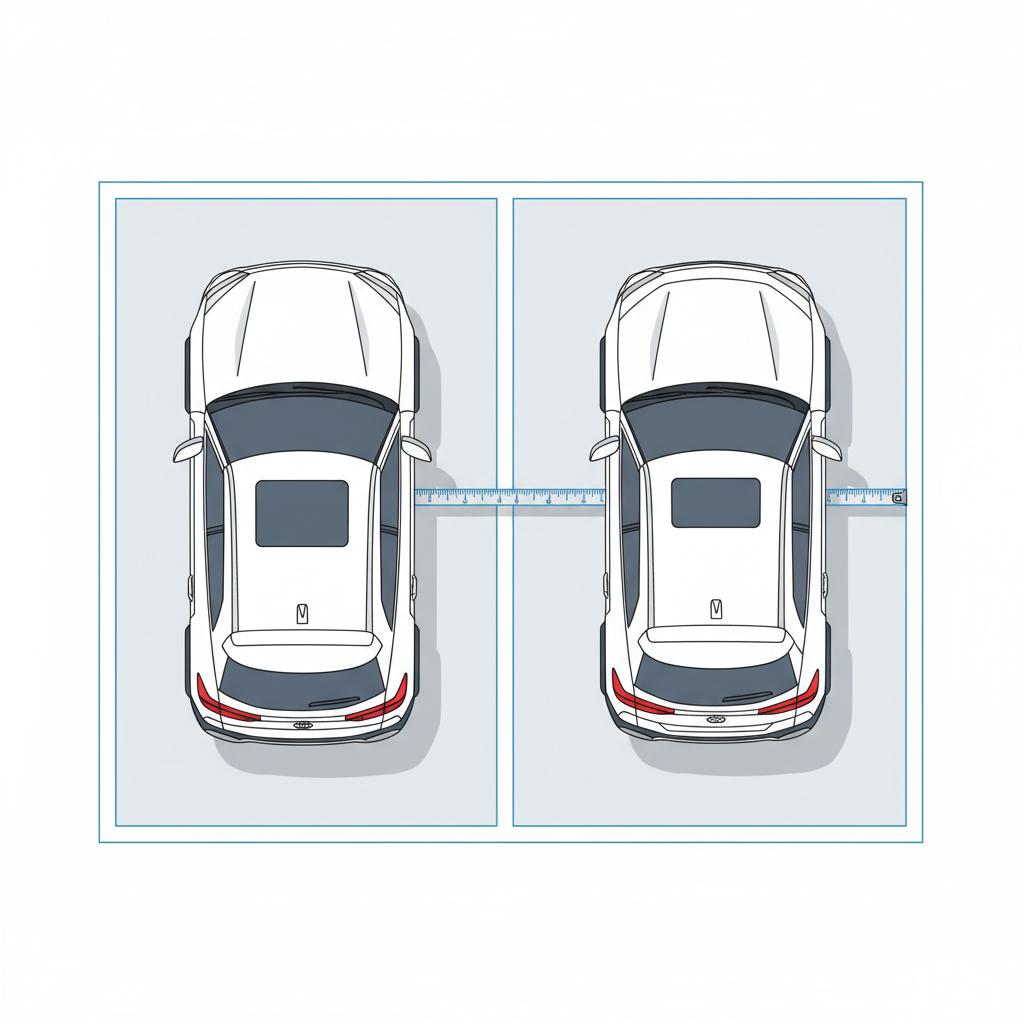 Top down vector illustration of two compact crossovers inspired by Sportage and Seltos side by side in a driveway with measuring tape and parking boundaries showing best Kia model 2026