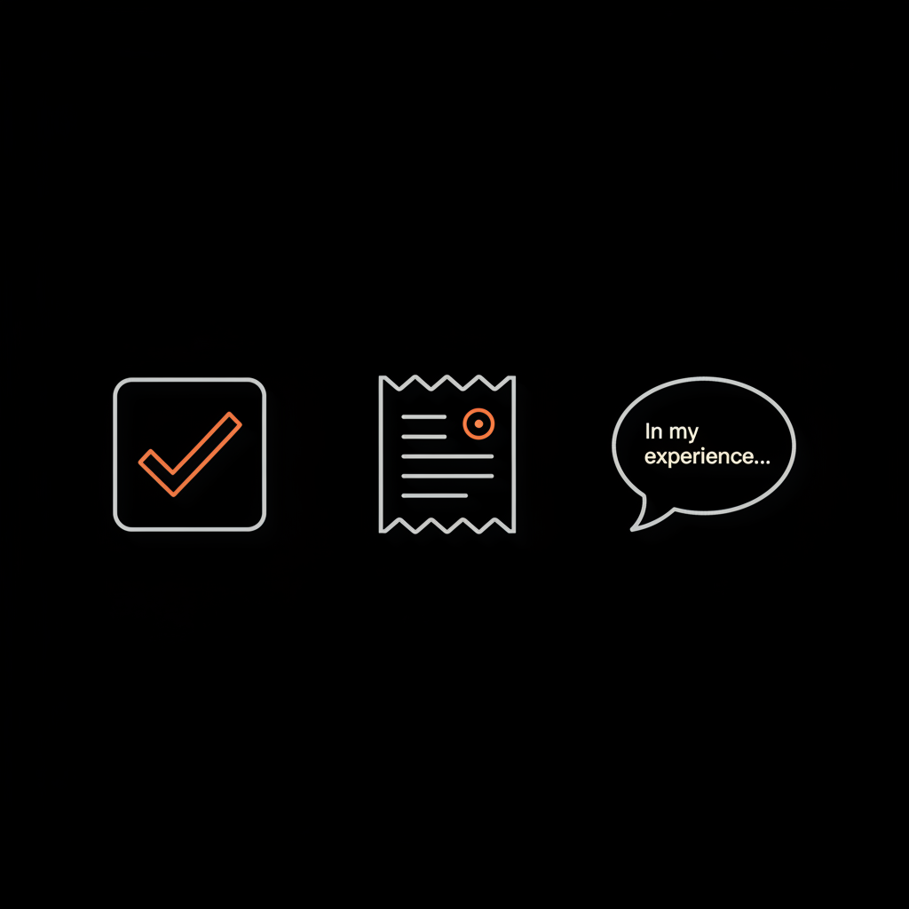 Minimal infographic with checklist icon, timestamped receipt, and speech bubble 'In my experience…' on black background, highlighting process of a defamation lawsuit for online reviews