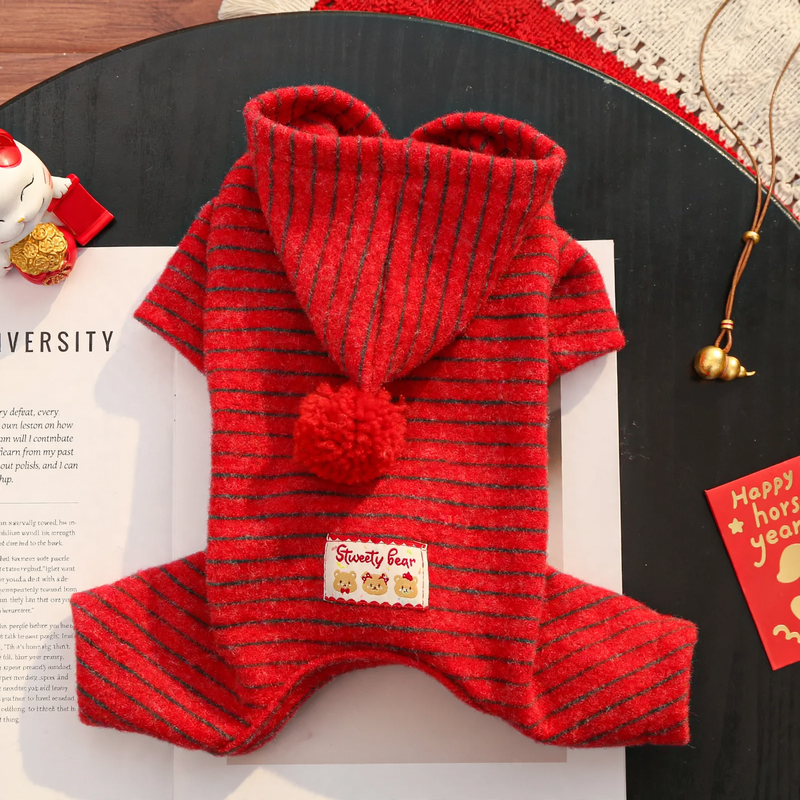 Dog sweater with four legs, red striped pattern
