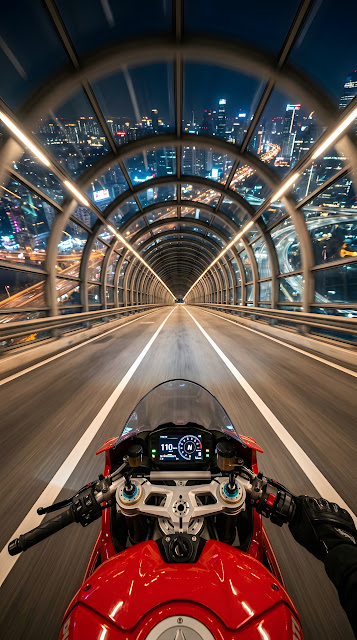 POV Motorcycle Ride Through Glass Tunnel Over City at Night - Free mobile Wallpaper