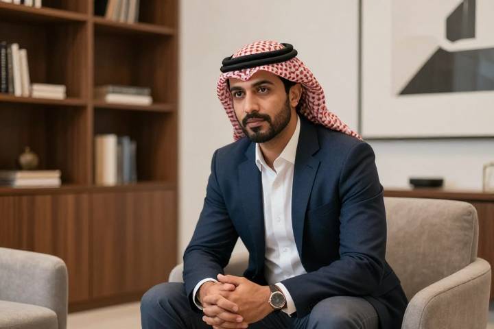 طبيب نفسي عربي في جلسة استشارية دافئة