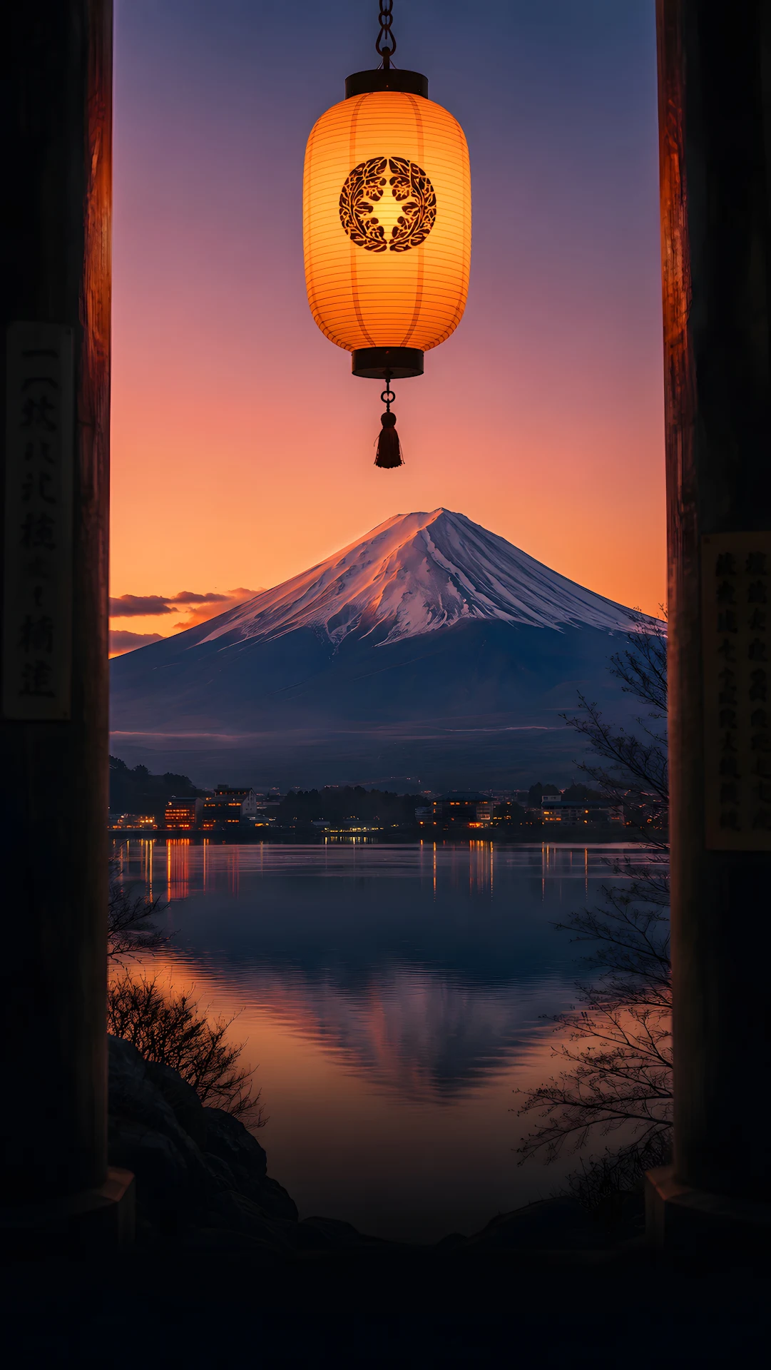 Mount Fuji Framed by Traditional Japanese Window and Glowing Lantern - Free 4K mobile Wallpaper