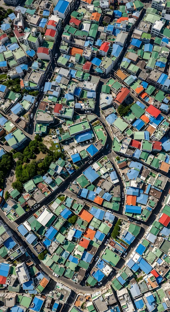 Dense Urban Landscape Aerial with Brightly Colored Rooftops